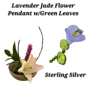 .Sterling Silver Lavender Jade Flower Pendant w/Green Leaves and SS Chain